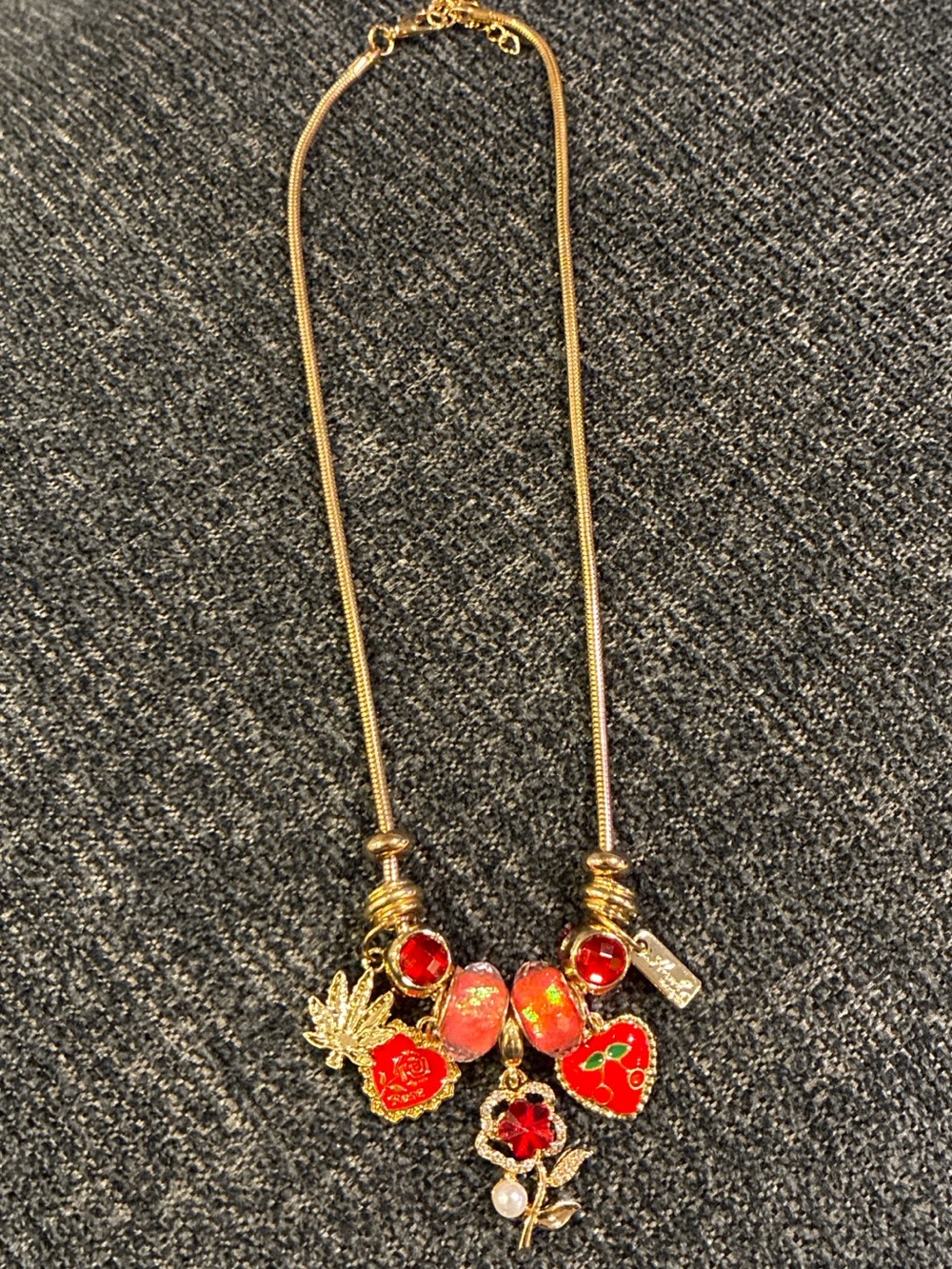 Gold-Tone Red Floral & Heart Charm Necklace